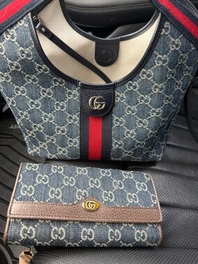 Gucci Giglio small Canvas Tote with Red and Navy Stripe + Matching Wallet